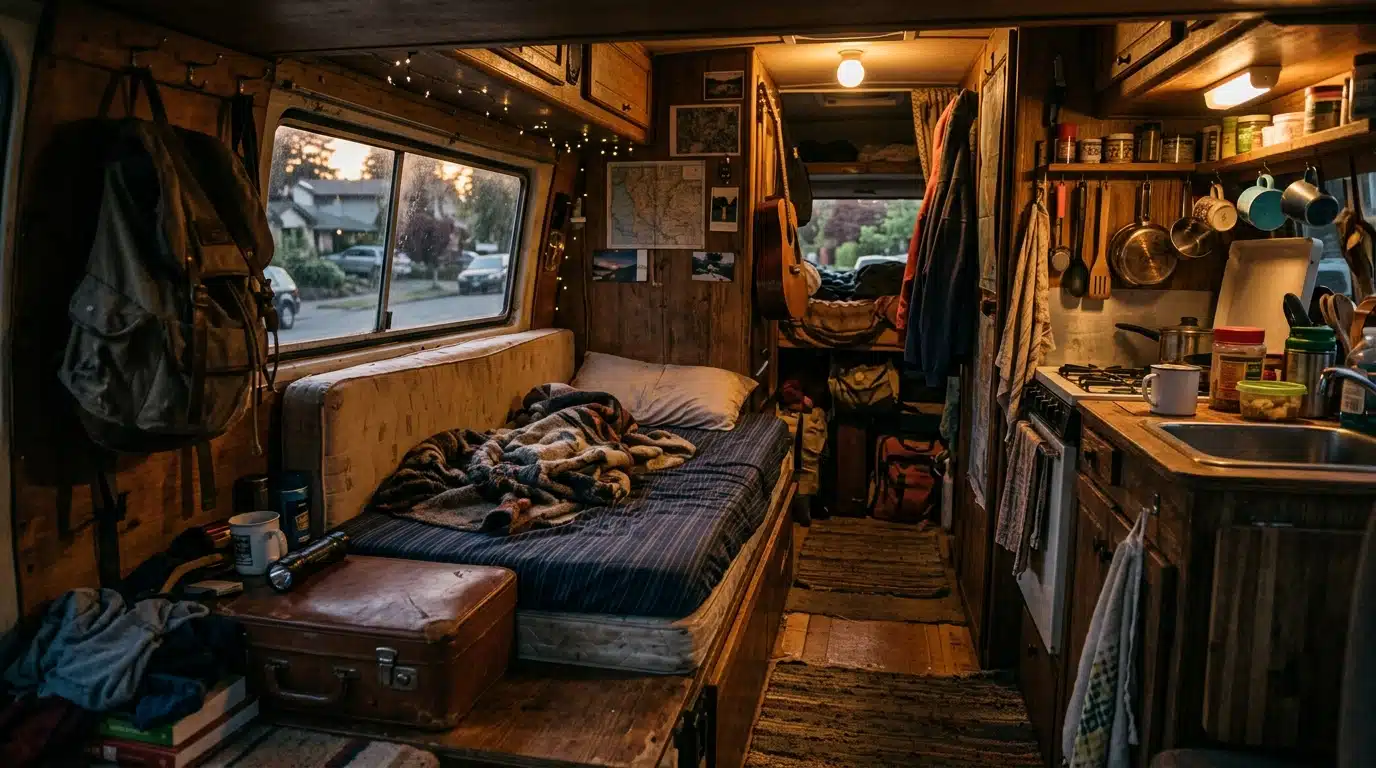Intérieur aménagé d'une camionnette habitée de nuit