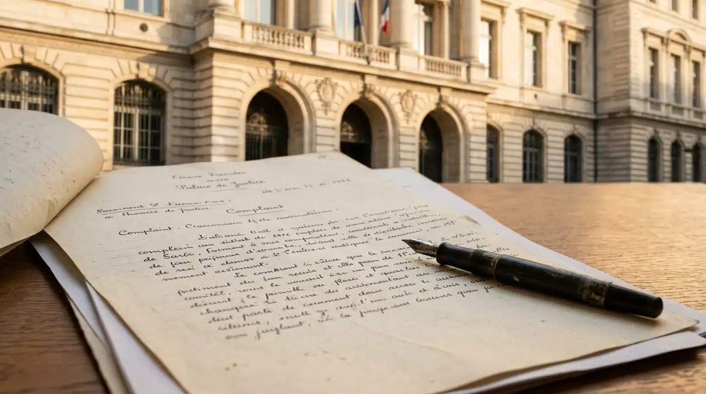 Document de plainte posé devant un palais de justice