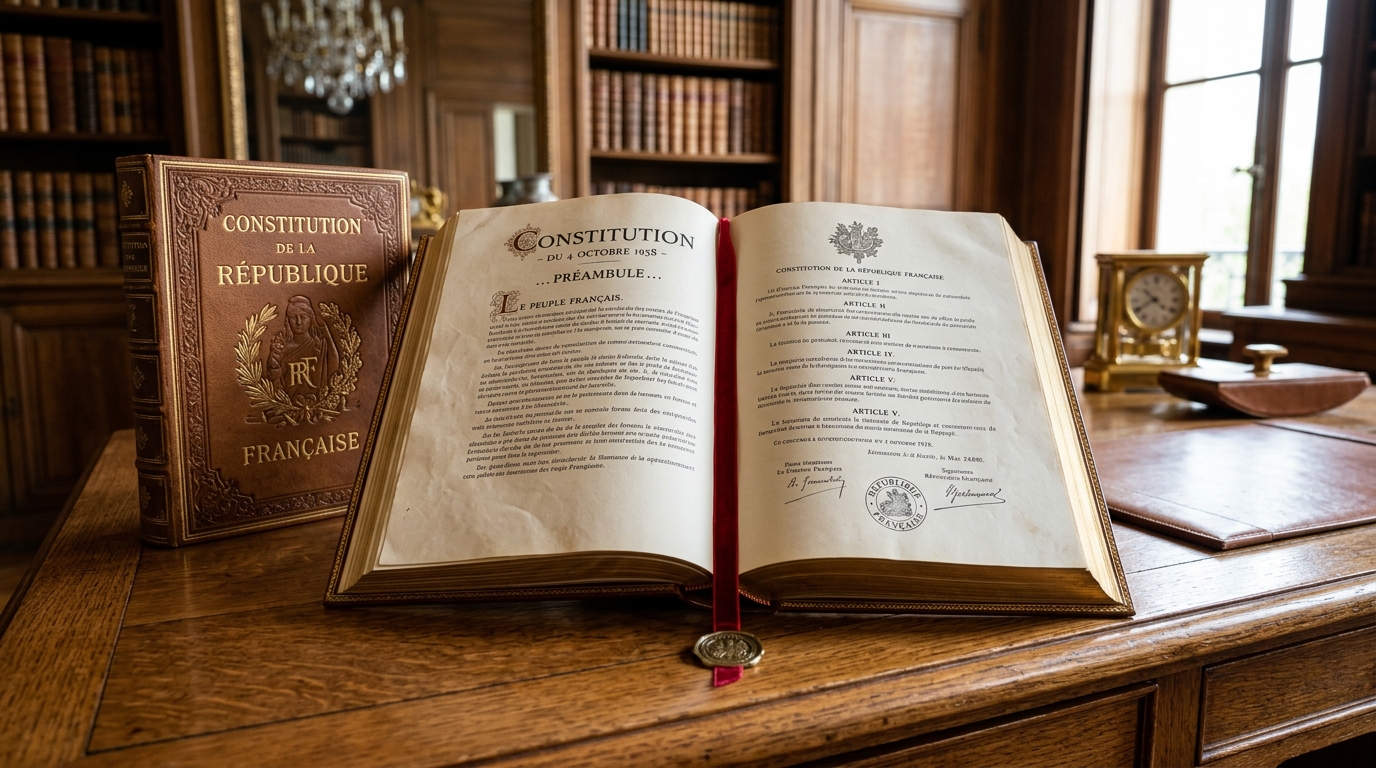 Document constitutionnel ouvert sur un bureau en bois