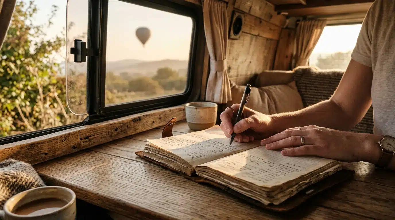 Mains écrivant dans un carnet à bord d'un camping-car