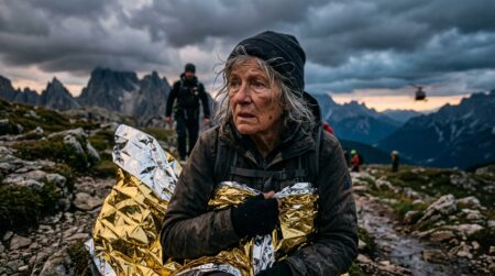 Randonneuse âgée épuisée enveloppée dans une couverture de survie