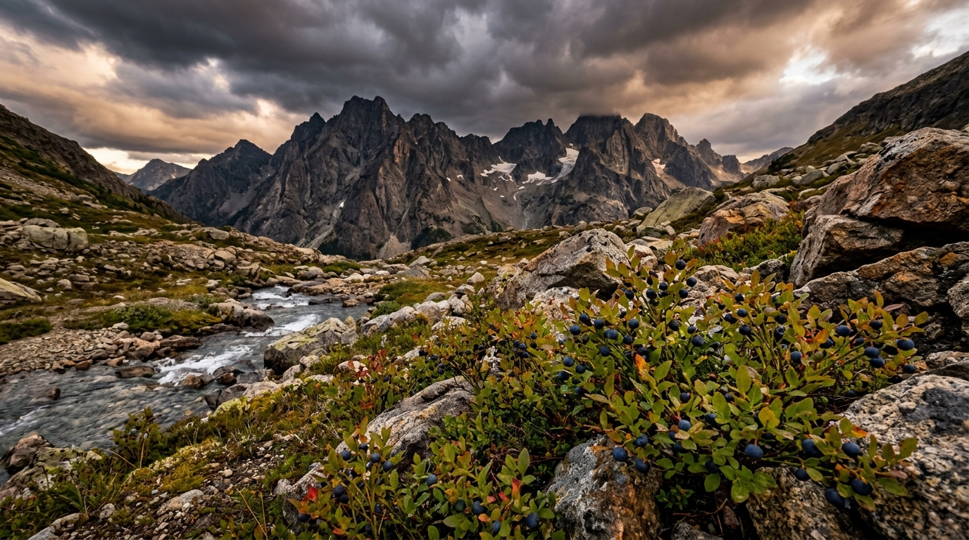 Myrtilles sauvages et ruisseau au pied des Alpes