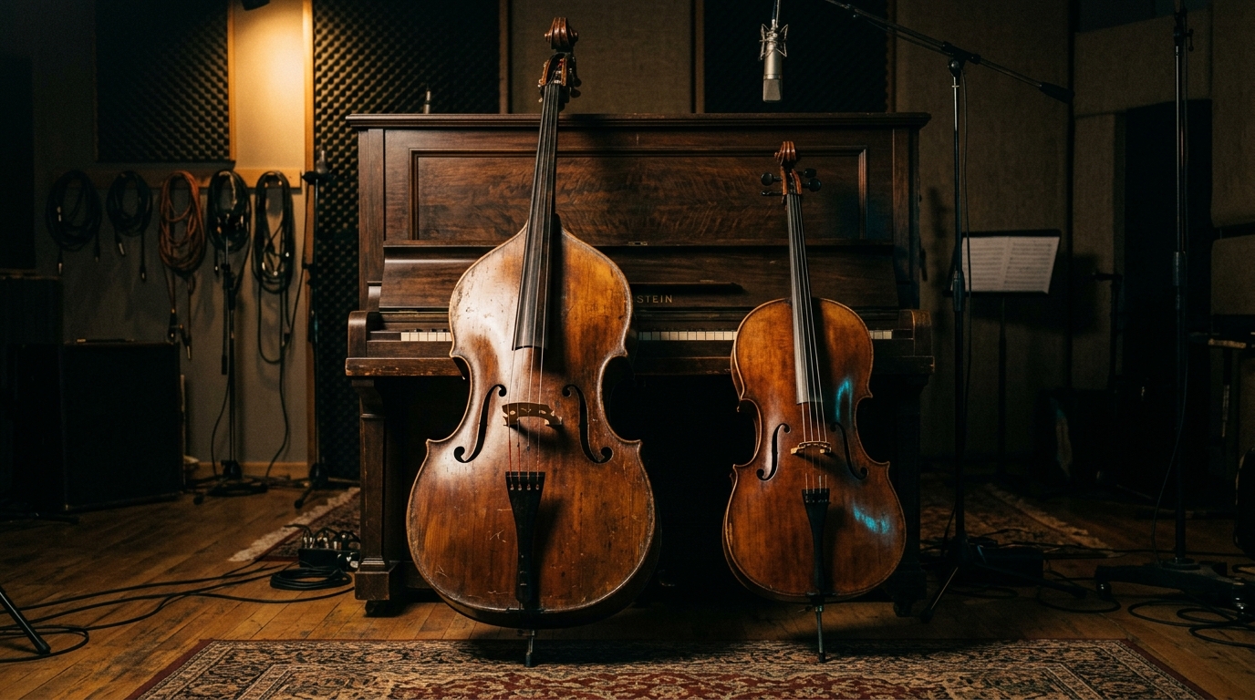 Contrebasse et violoncelle dans un studio d'enregistrement