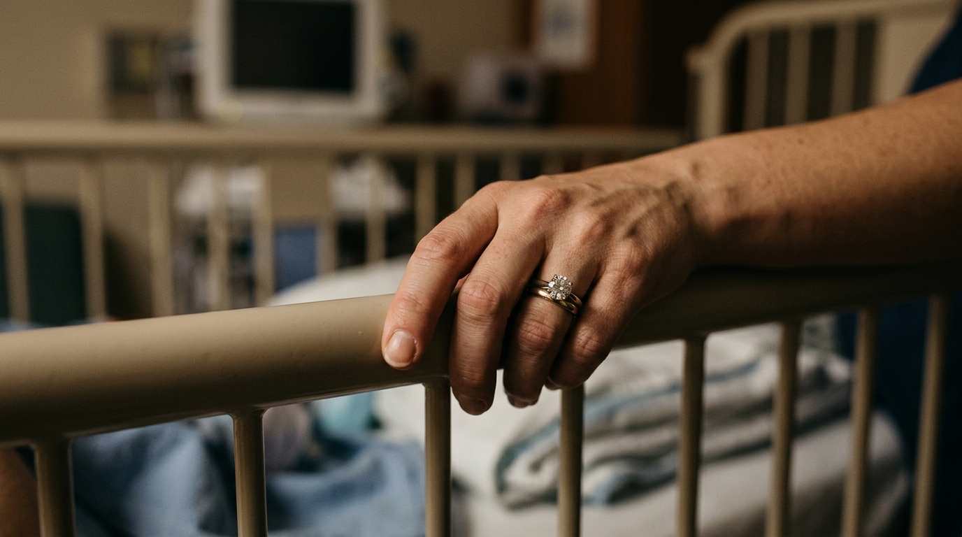 Bague en diamant posée près d'un berceau d'hôpital