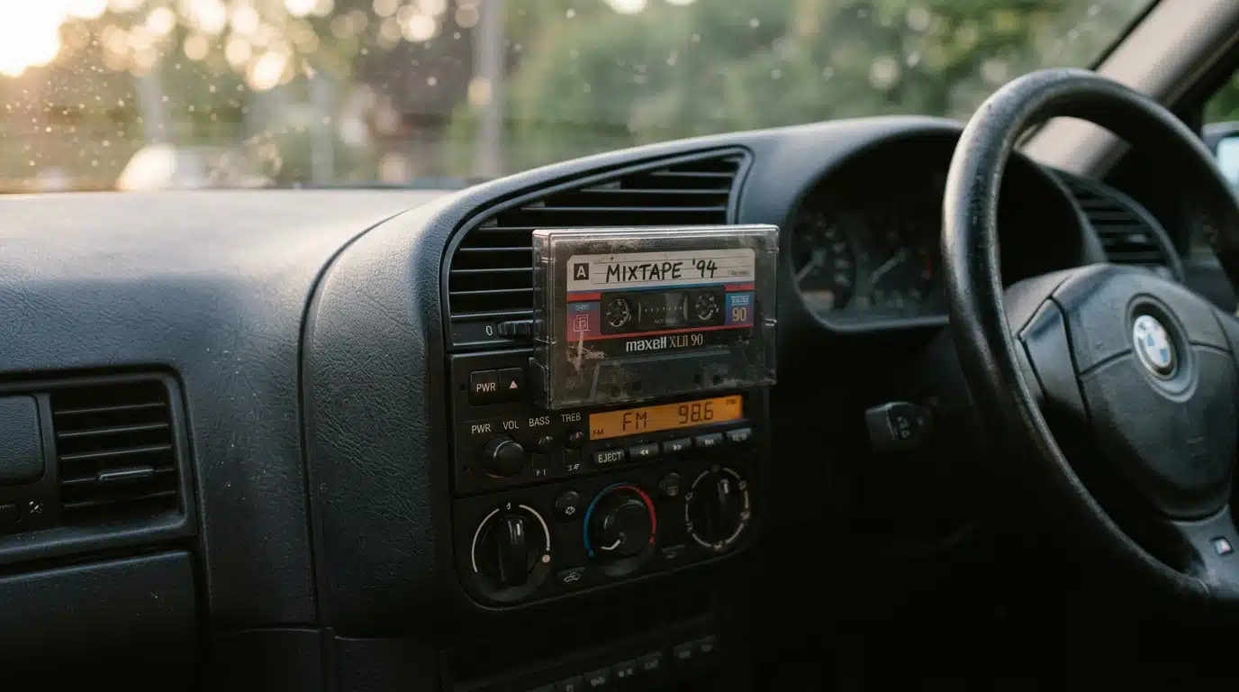 Autoradio vintage et cassette dans une voiture ancienne