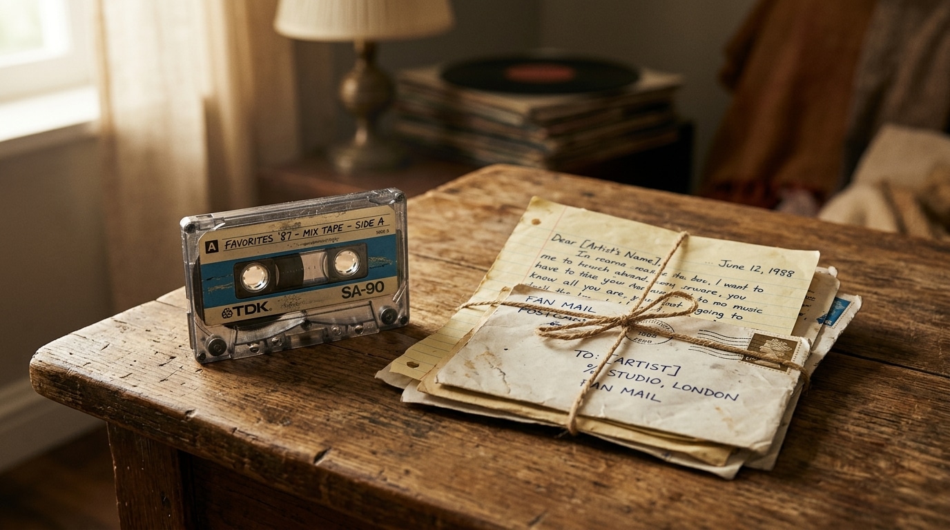 Cassette vintage et lettres manuscrites sur une table en bois