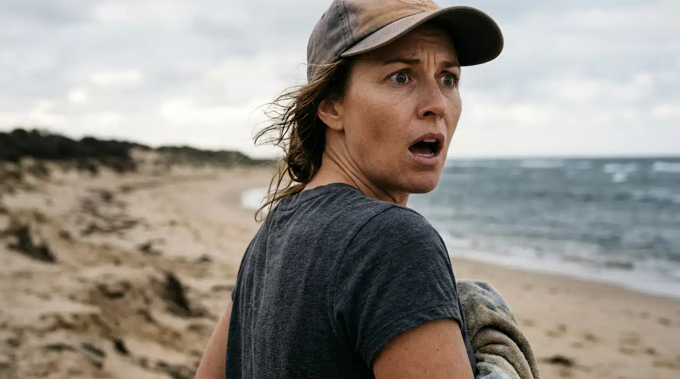 Promeneur choqué face à l'océan sur une plage australienne