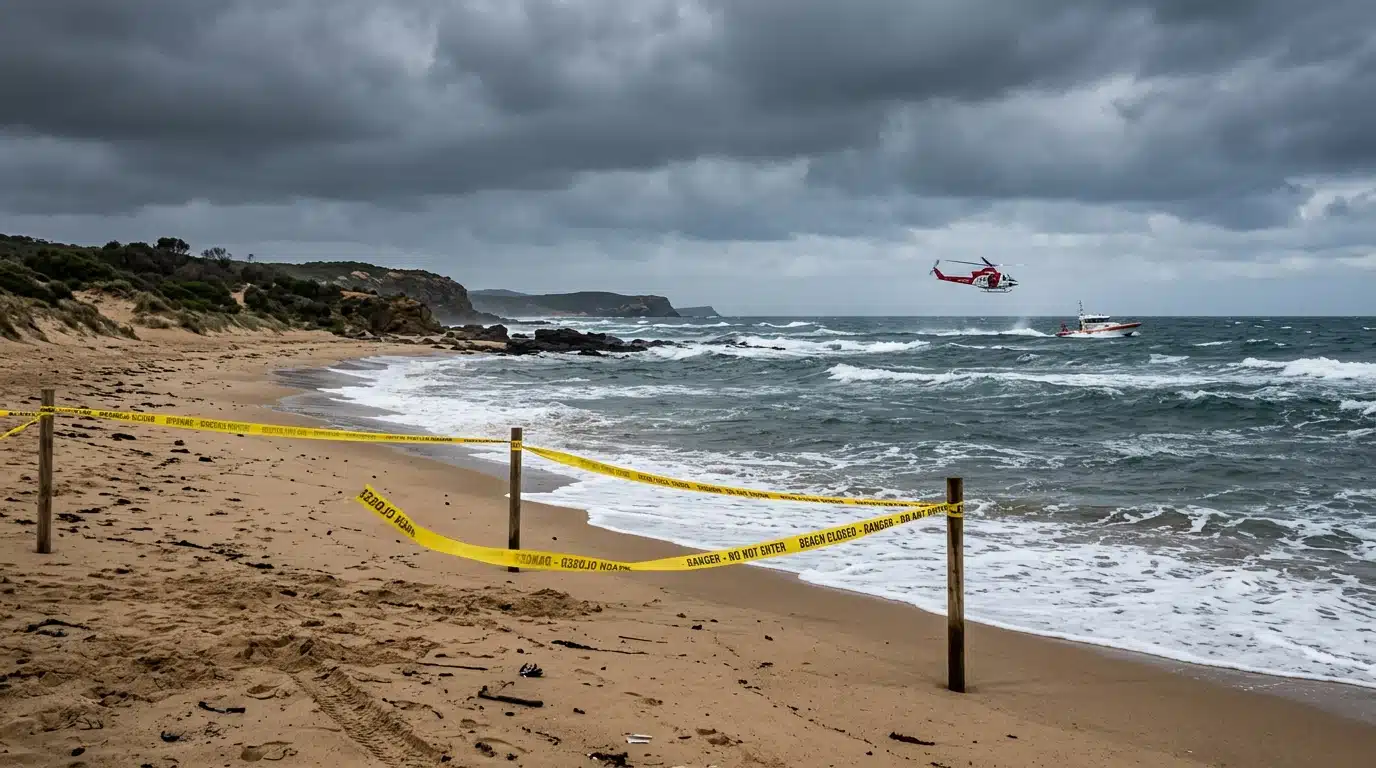 Plage fermée avec bateau de secours au large