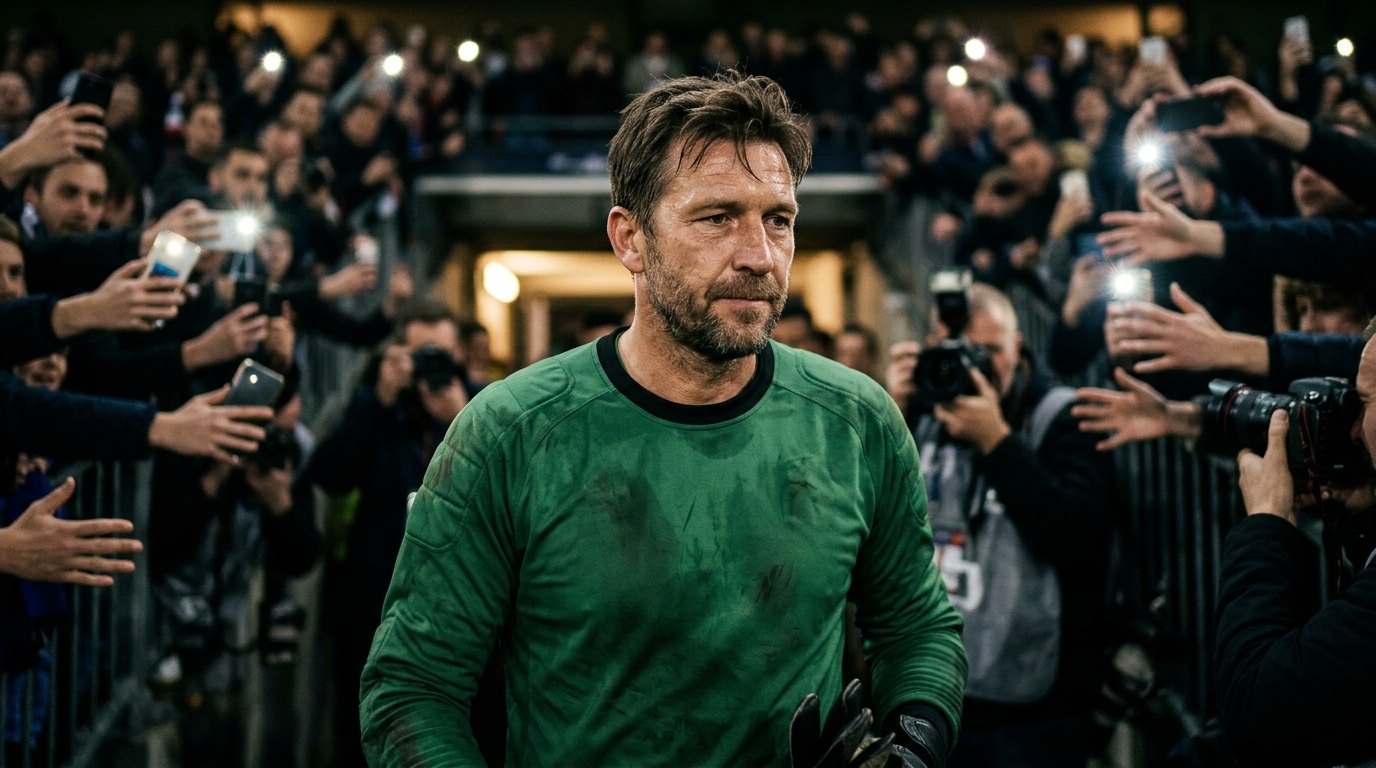 Gardien de but au regard fatigué dans un tunnel de stade