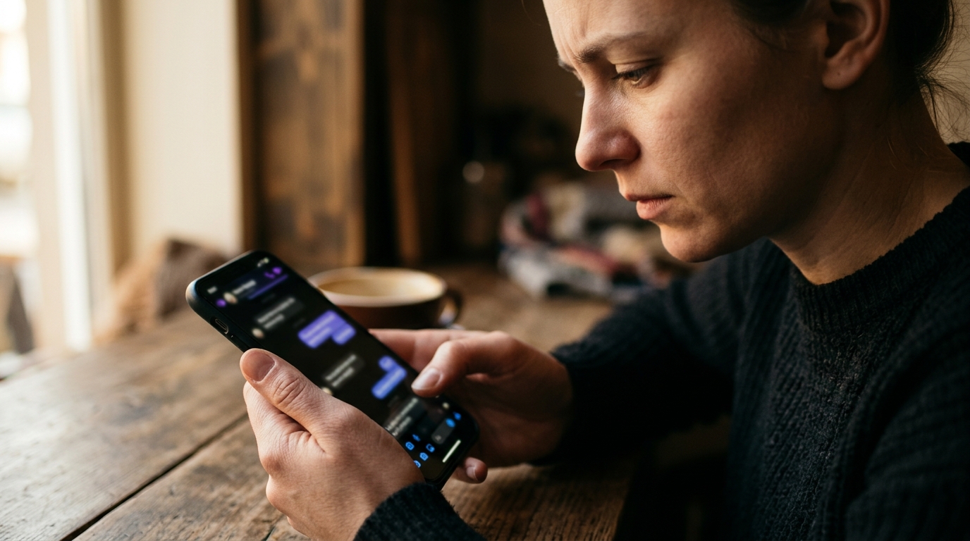 Mains tenant un smartphone avec messagerie floutée