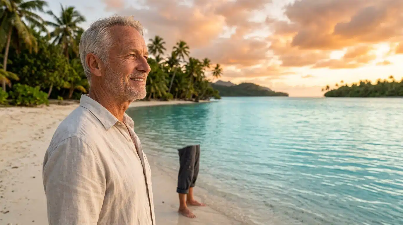 Retraité souriant face à la lagune tropicale