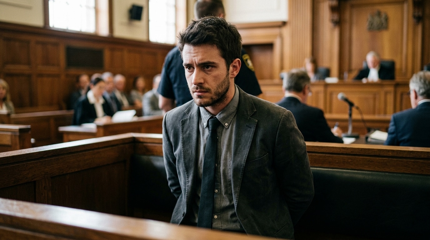 Homme assis dans le box d'un tribunal correctionnel