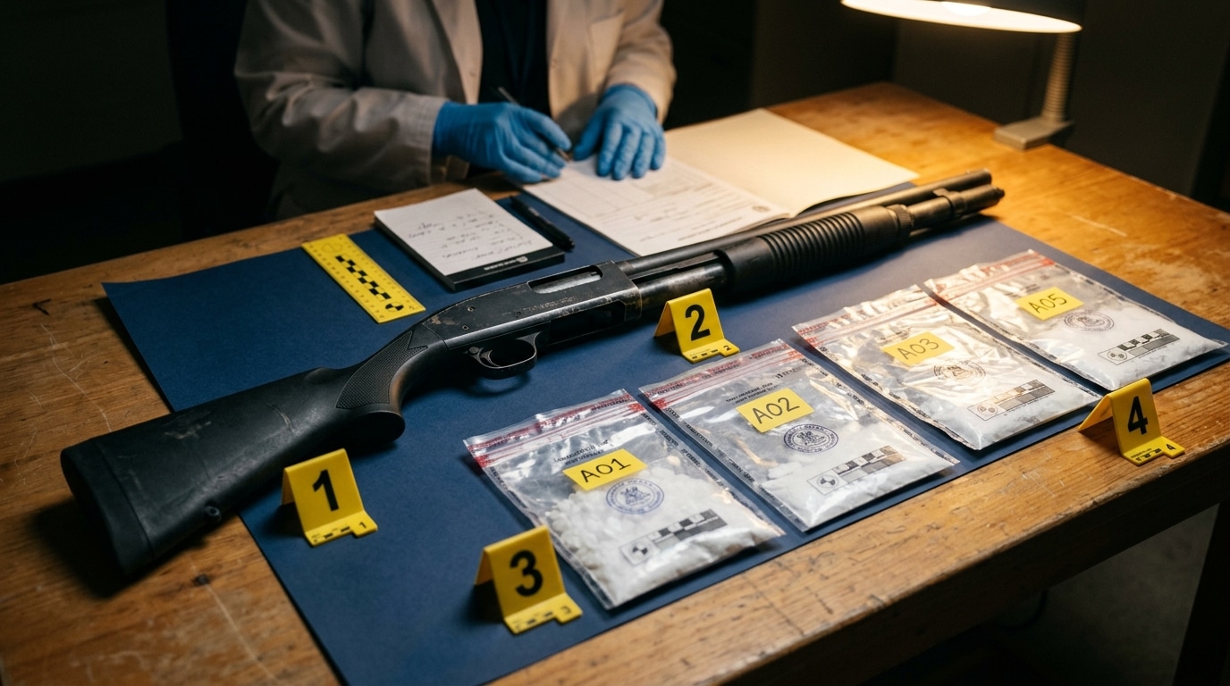Fusil à pompe et sachets de drogue saisis par la police