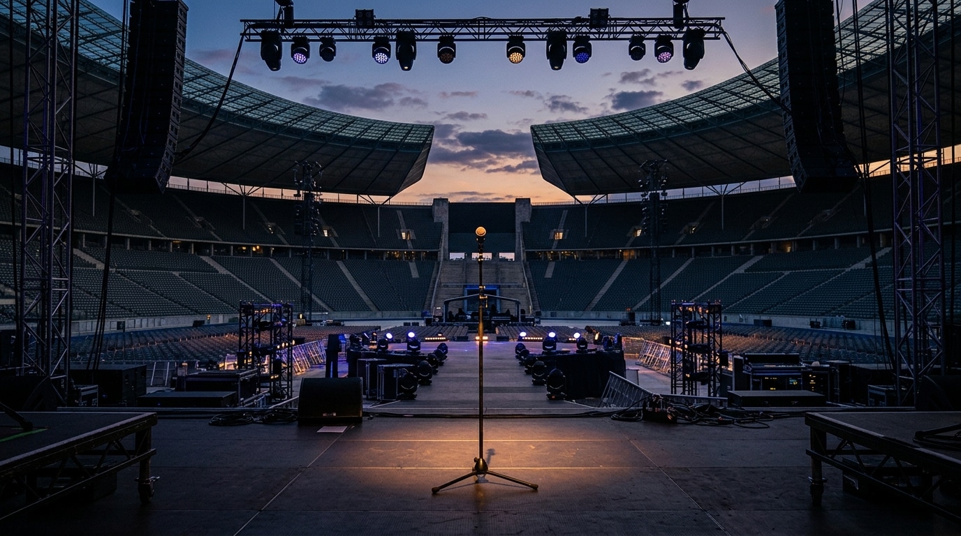 Scène de stade vide avec micro seul sous lumières tamisées