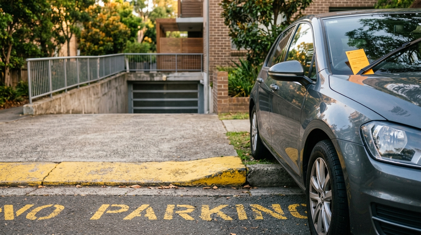 Contravention glissée sous un essuie-glace près d'un garage