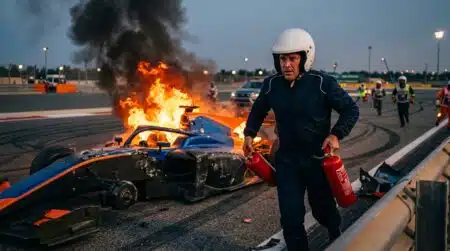 Pilote se précipitant vers une voiture de course en feu
