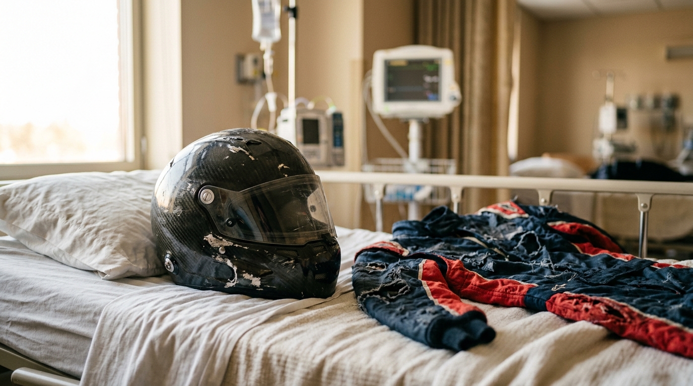 Casque et combinaison de course sur un lit d'hôpital