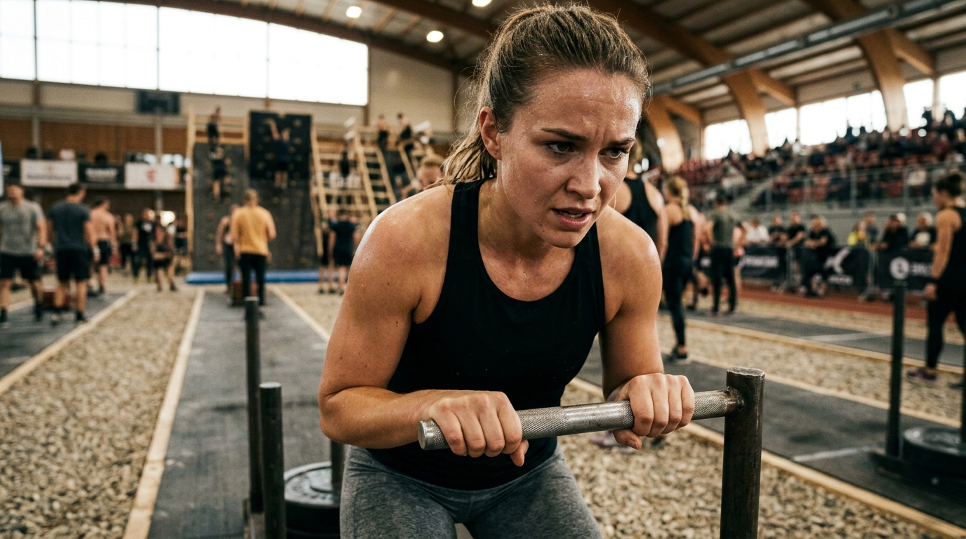 Femme en tenue de sport lors d'une compétition Hyrox intense
