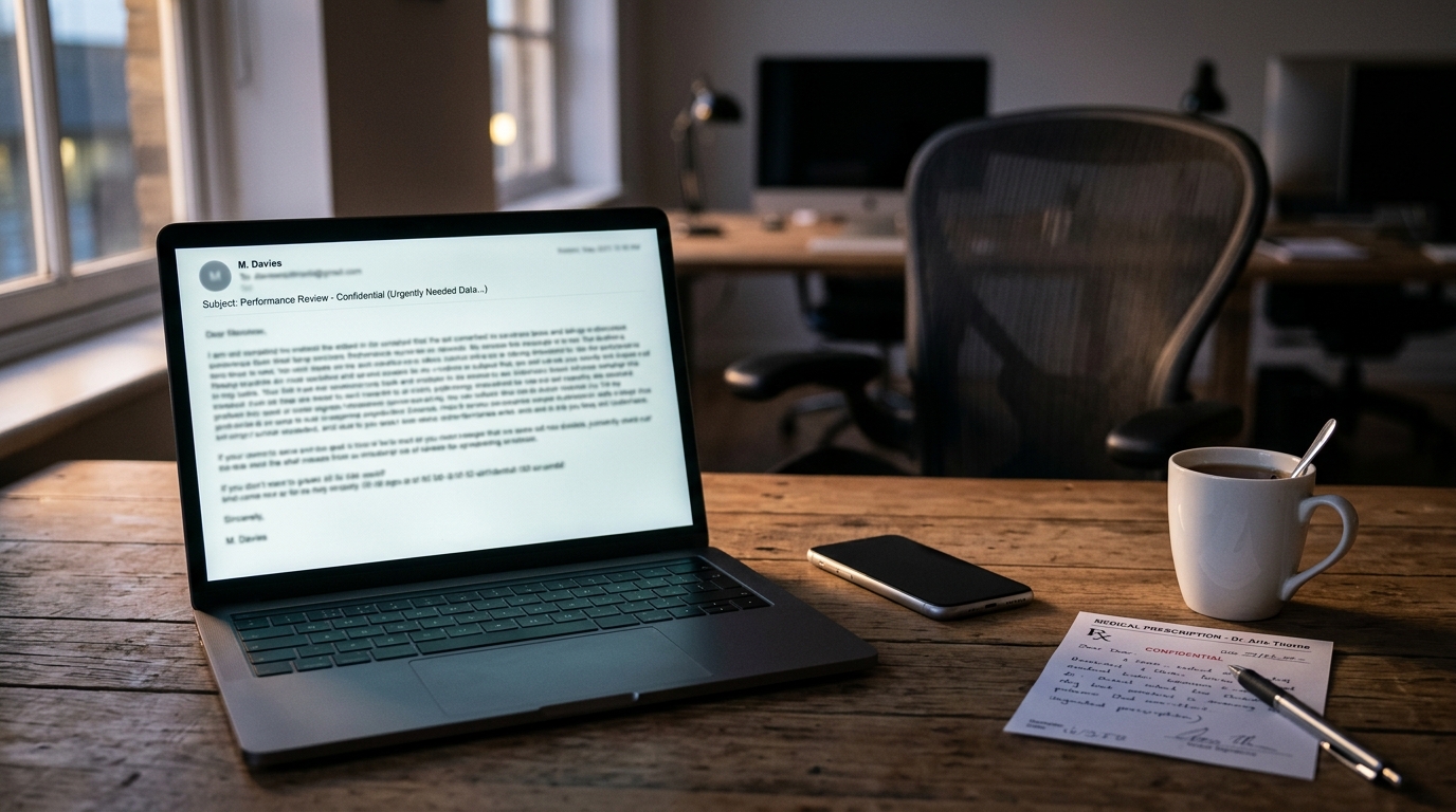Bureau avec ordinateur portable et arrêt maladie médical