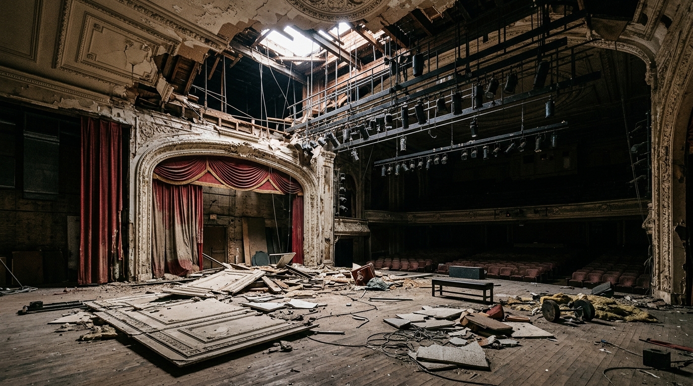 Plafond de théâtre endommagé avec débris sur la scène