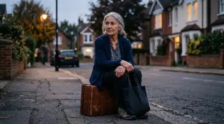 Femme âgée assise seule avec une valise dans la rue