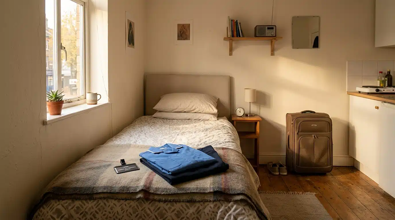 Petit appartement modeste avec uniforme de vendeuse plié