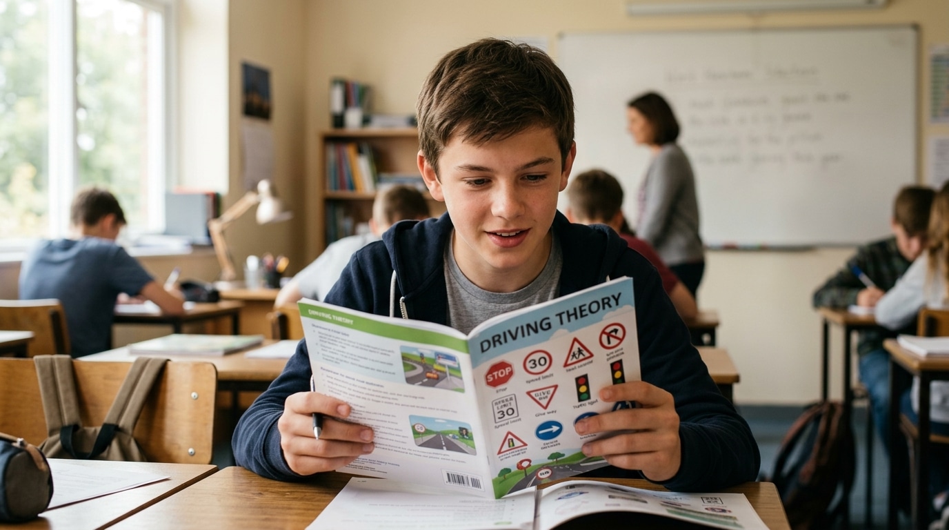 Adolescent révisant un livret de code de la route