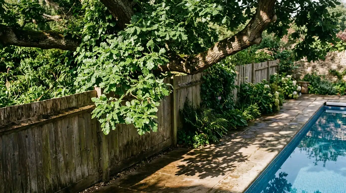 Branche d'arbre débordant au-dessus d'une clôture de jardin