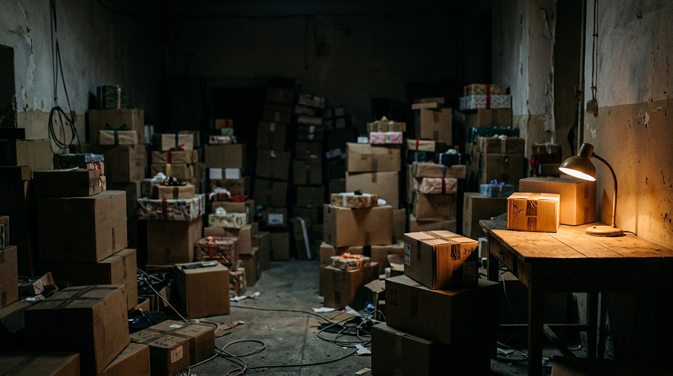 Pièce sombre avec des cartons empilés, ambiance tendue