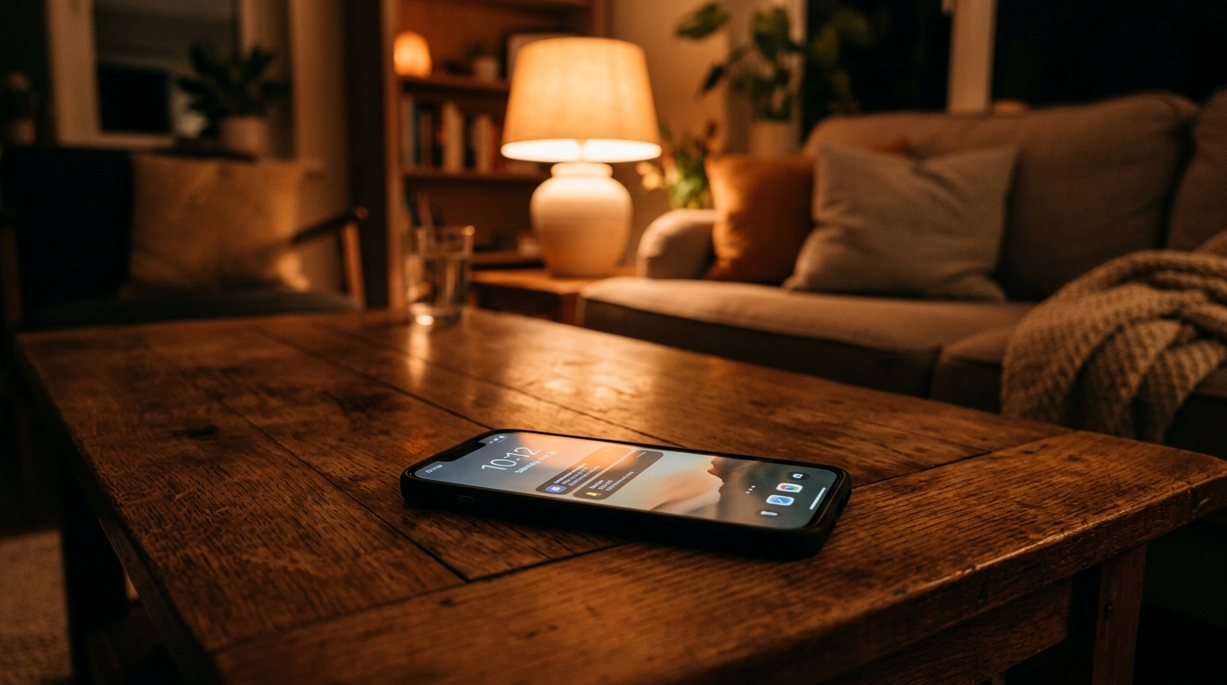 Smartphone allumé sur une table dans un salon chaleureux le soir