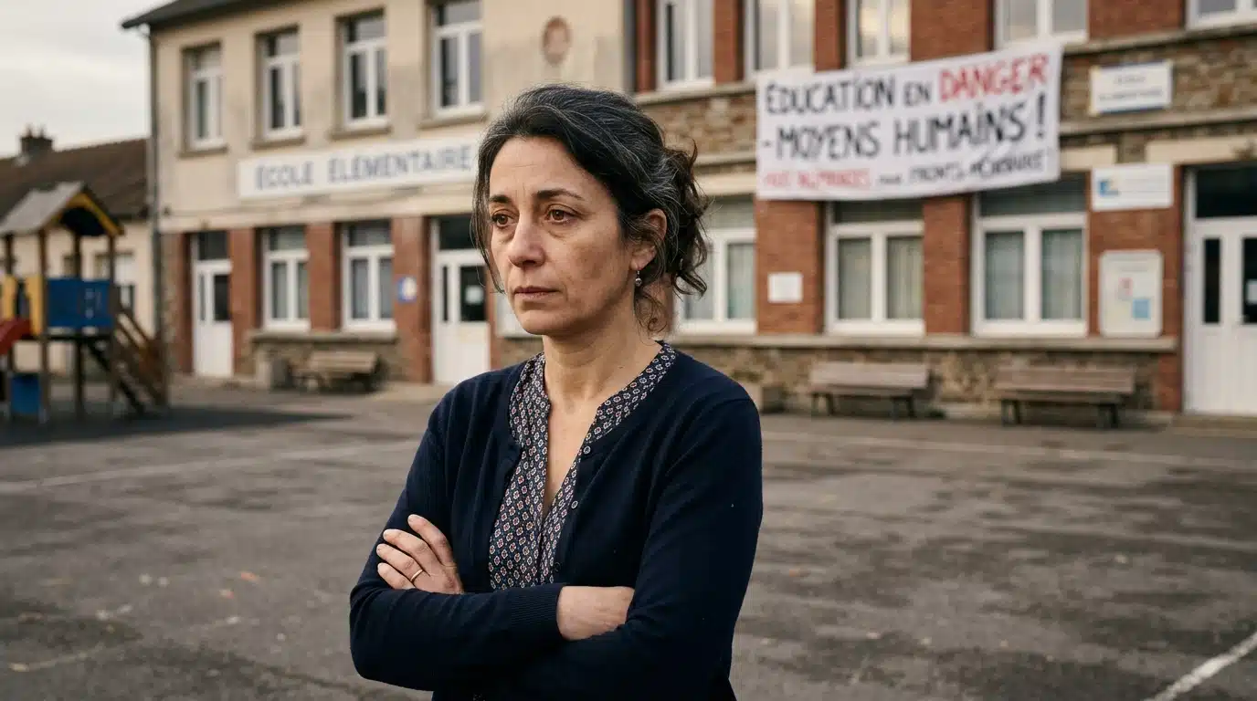 Enseignante seule et inquiète dans une cour d'école