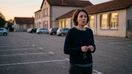 Femme choquée seule sur un parking d'école au crépuscule