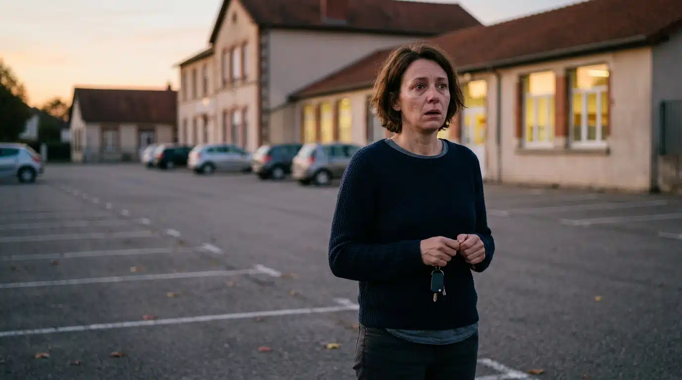 Femme choquée seule sur un parking d'école au crépuscule