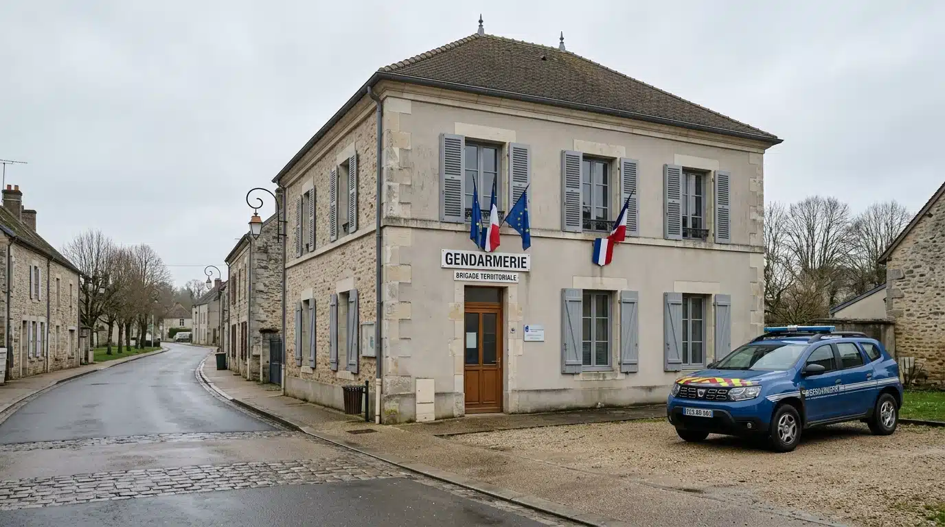 Façade d'une brigade de gendarmerie avec véhicule de police