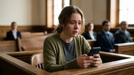 Femme émue tenant un téléphone à la barre d'un tribunal