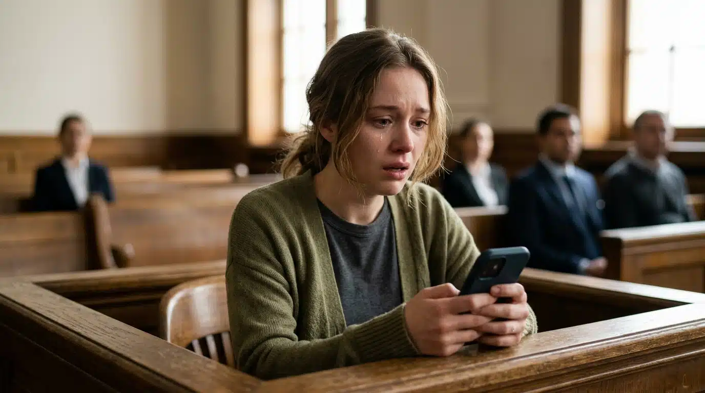 Femme émue tenant un téléphone à la barre d'un tribunal