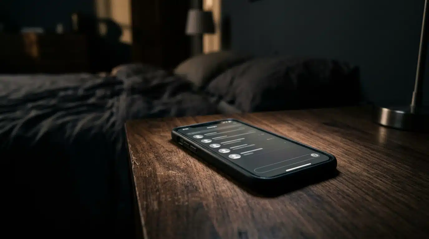 Smartphone au écran allumé posé sur une table sombre