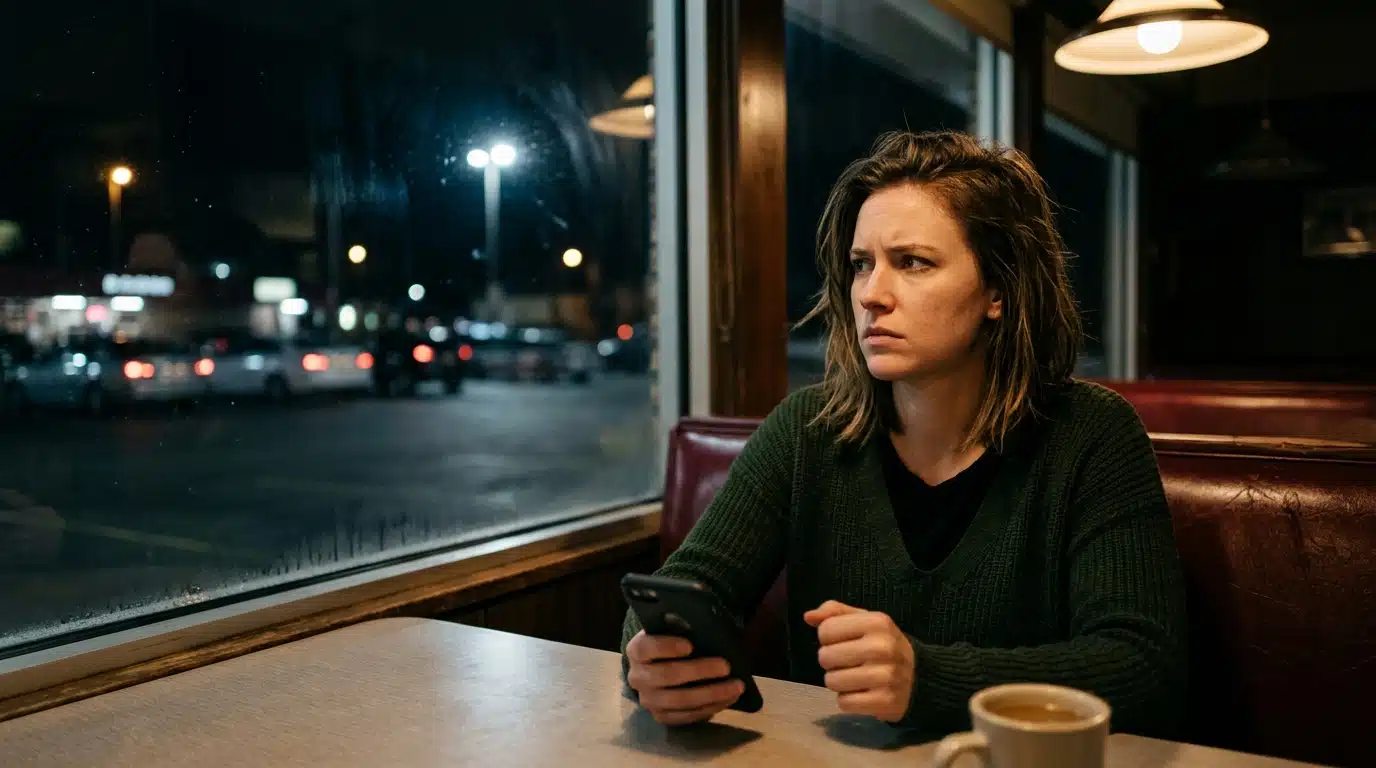 Femme assise seule la nuit avec un téléphone