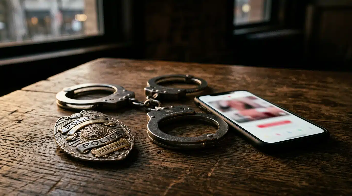 Badge de police et menottes près d'un smartphone