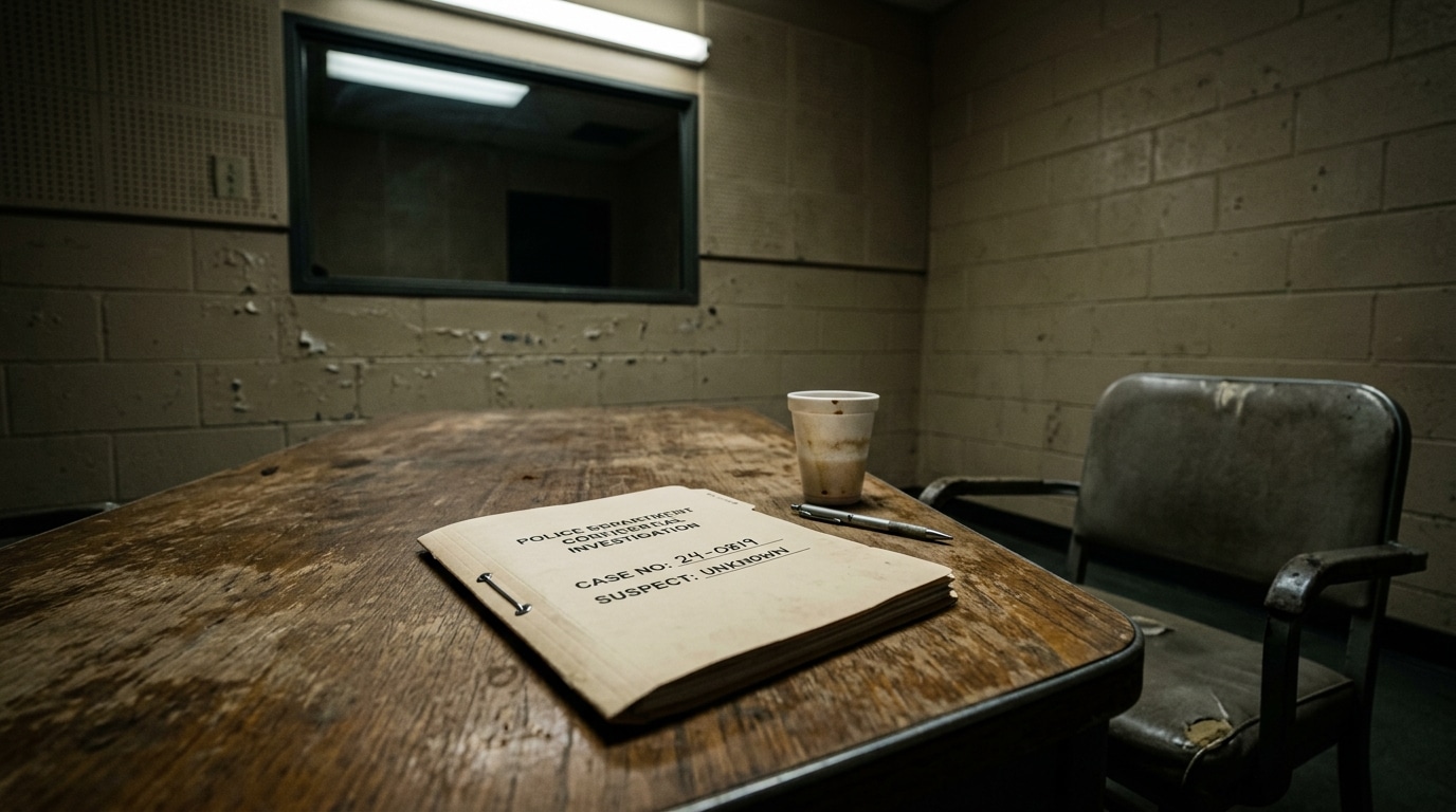 Dossier fermé sur table de salle d'interrogatoire sombre