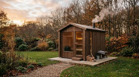 Sauna en bois installé sur dalle au fond d'un jardin
