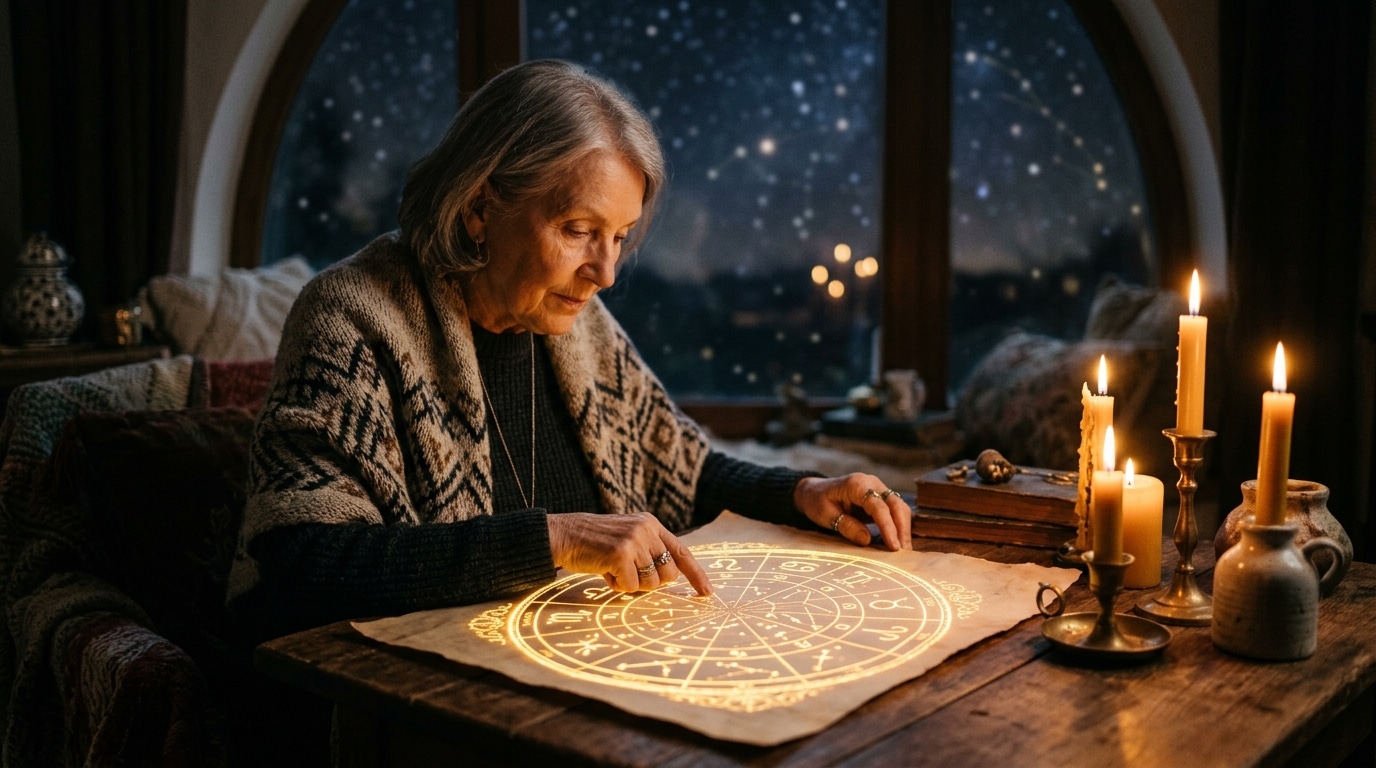 Thème astral et bougies dans une ambiance mystique dorée