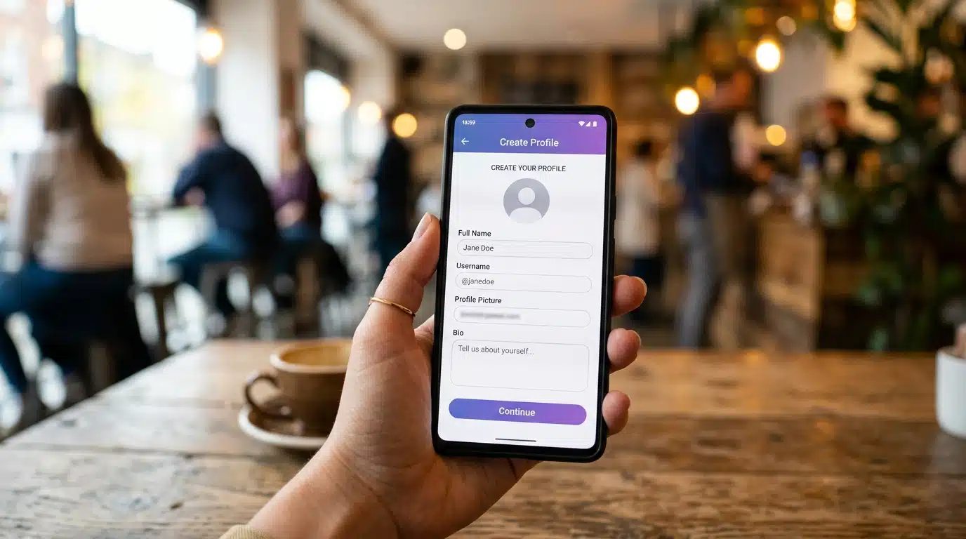 Smartphone affichant une interface de réseau social floutée