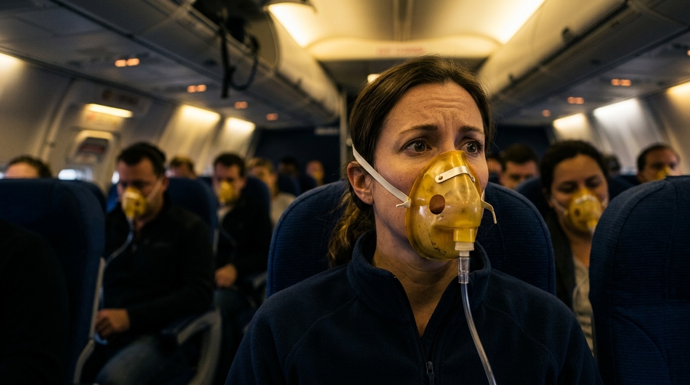 Passager portant un masque à oxygène en cabine d'avion