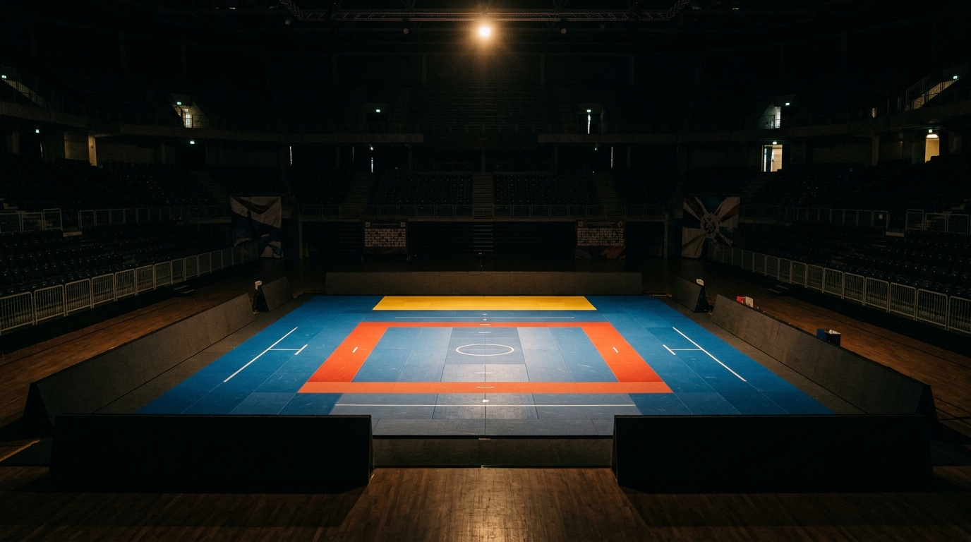 Tatami de judo vide sous un projecteur
