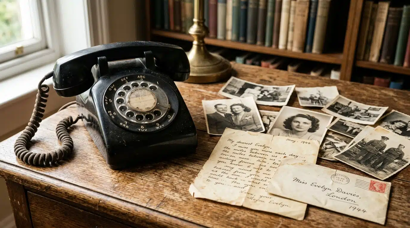 Téléphone vintage posé près de vieilles photographies