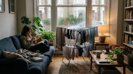 Étendoir à linge chargé installé au milieu d'un salon