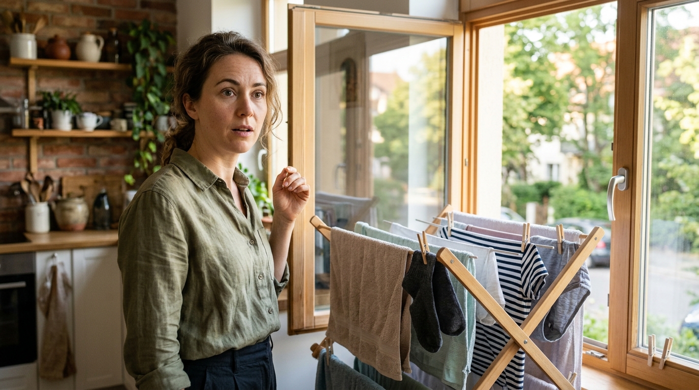 Femme surprise près d'un étendoir devant une fenêtre ouverte
