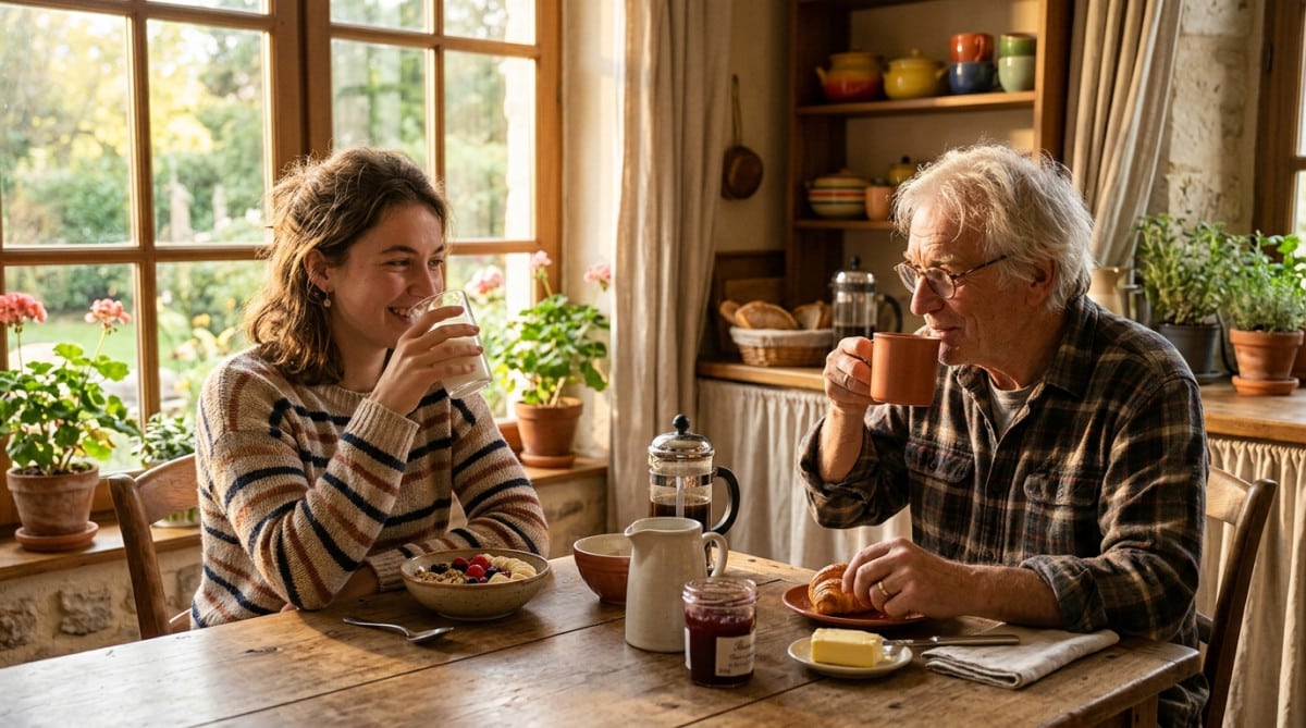 Jeune adulte buvant du lait face à un café