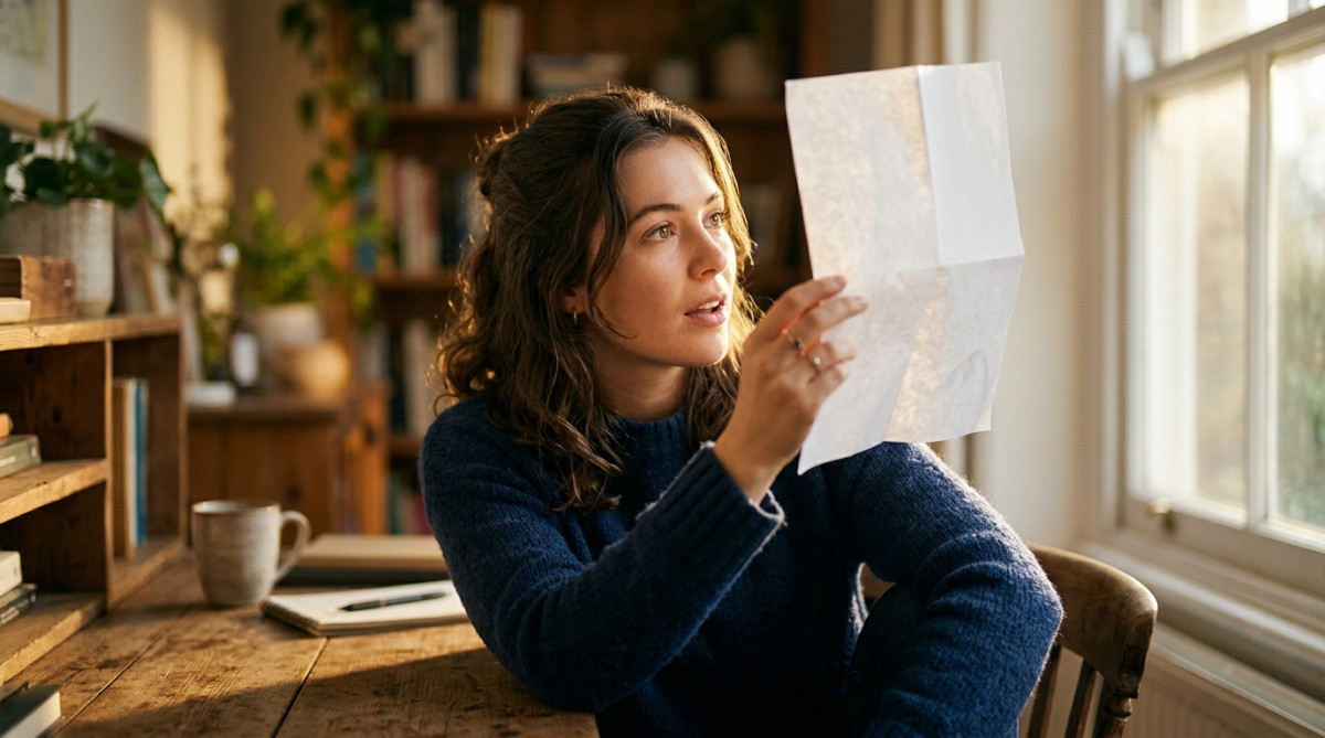 Jeune femme pliant une feuille de papier en la regardant